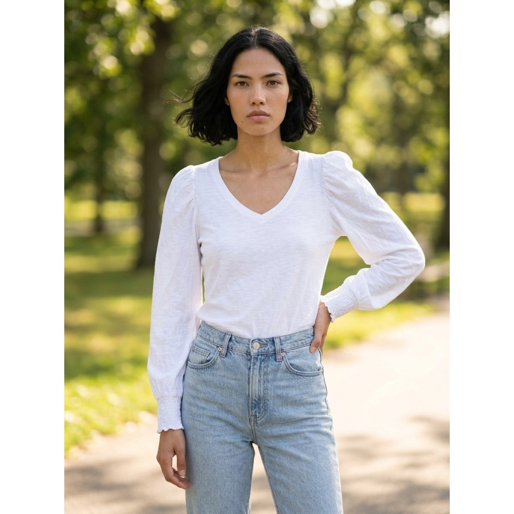 NATION LTD Women's White V-Neck Puff Long Sleeve Smocked Cuff Pima Cotton XS